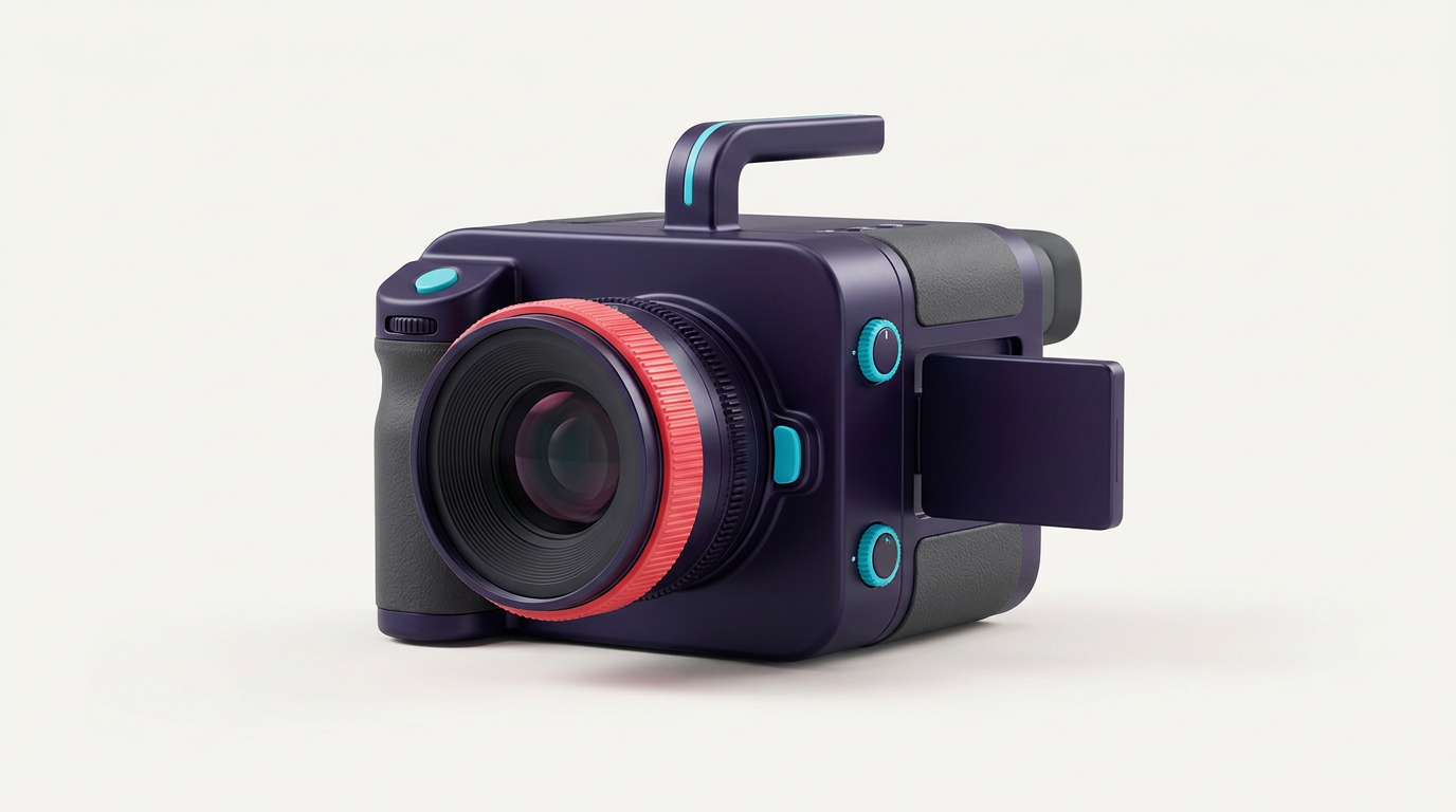 Stylised OMS cinema camera - ink-purple body with coral focus ring and cyan accents