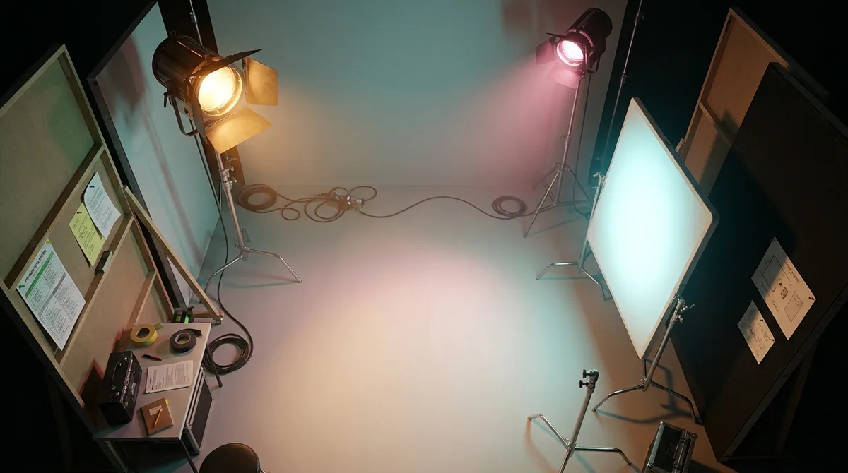 Overhead view of a professional three-point studio lighting rig