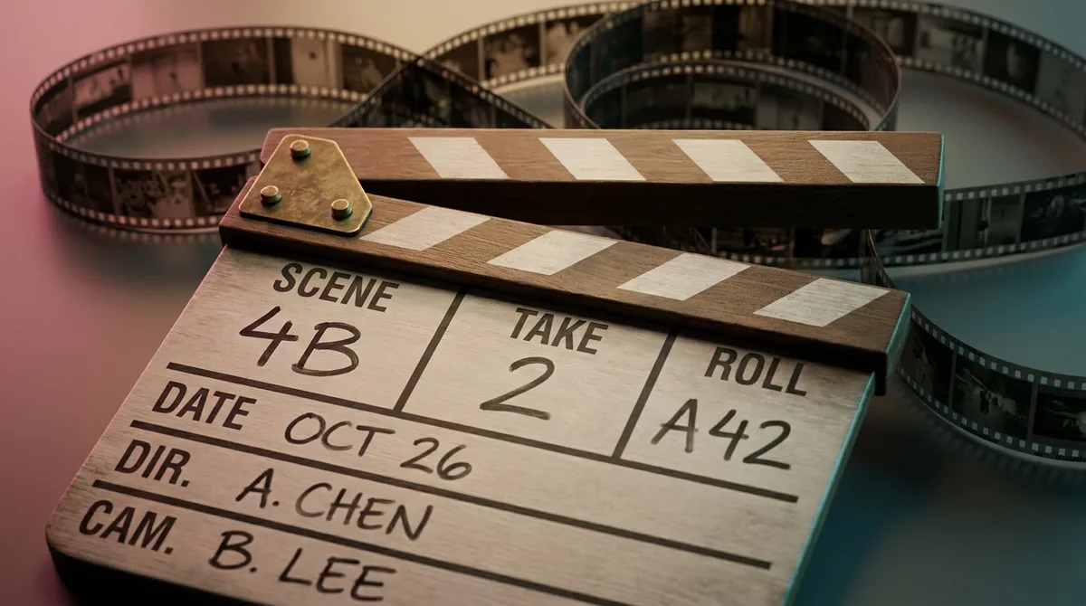 Close-up of a film clapperboard with filmstrip frames behind it